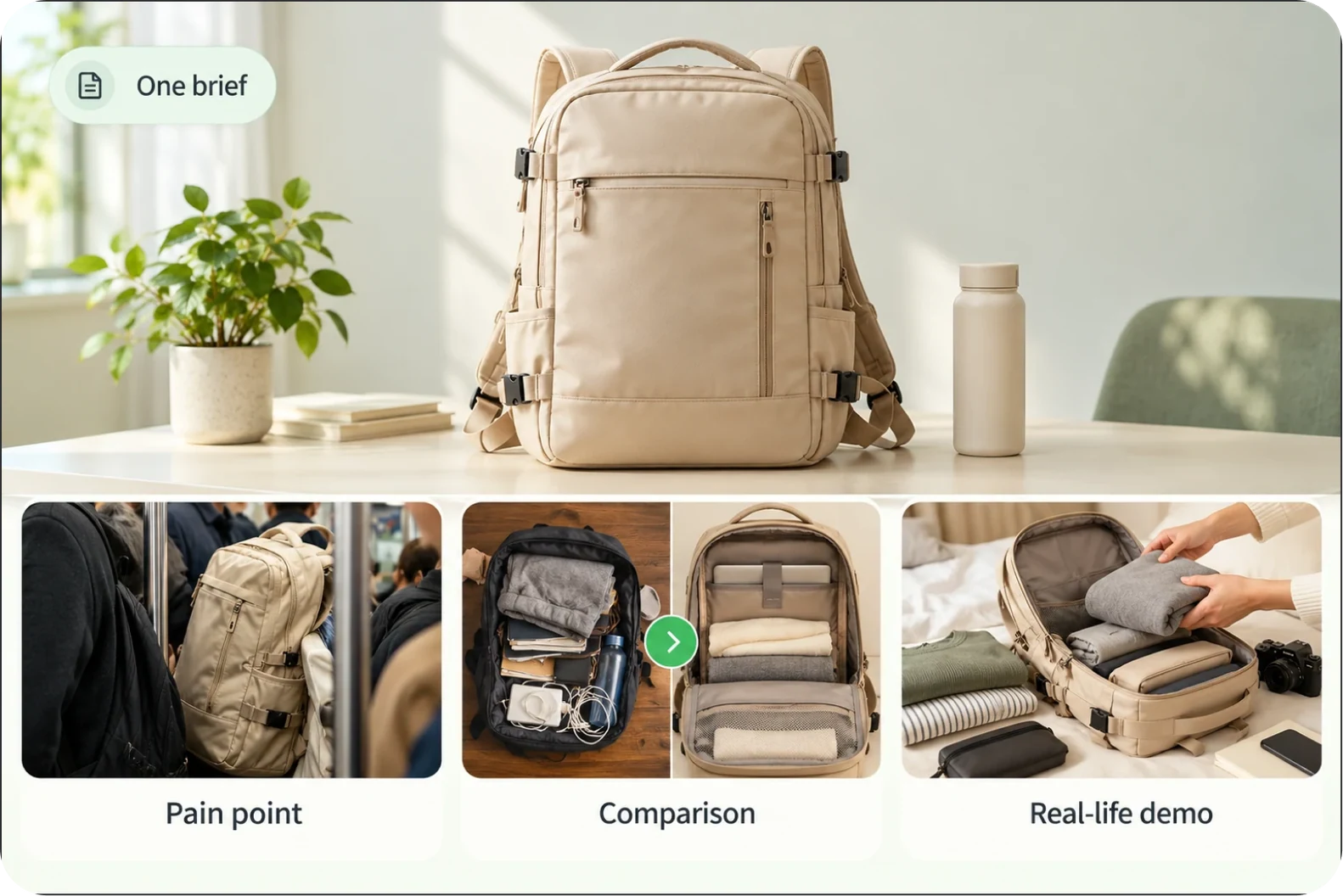 A backpack brief opening into a pain point, a comparison and a demo