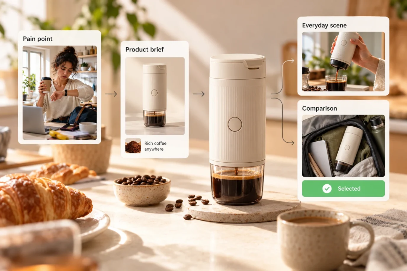 Portable coffee-maker selling points split into pain point, comparison and scene angles