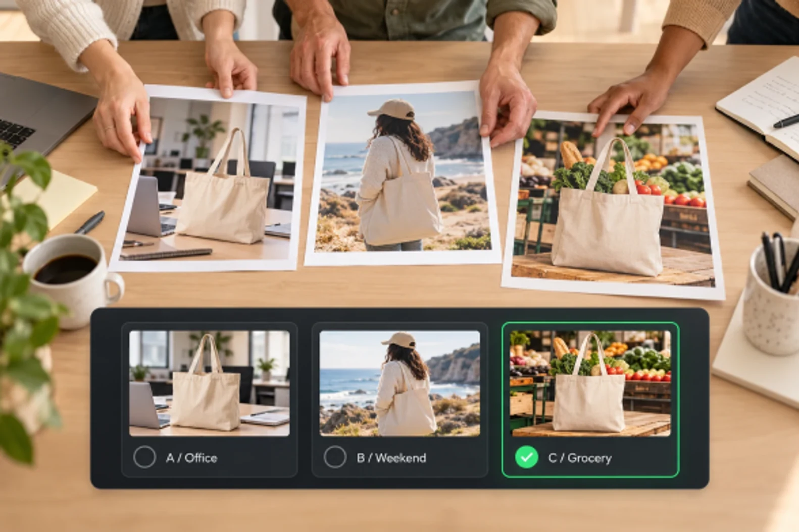A team compares office, weekend and shopping ad angles for one bag