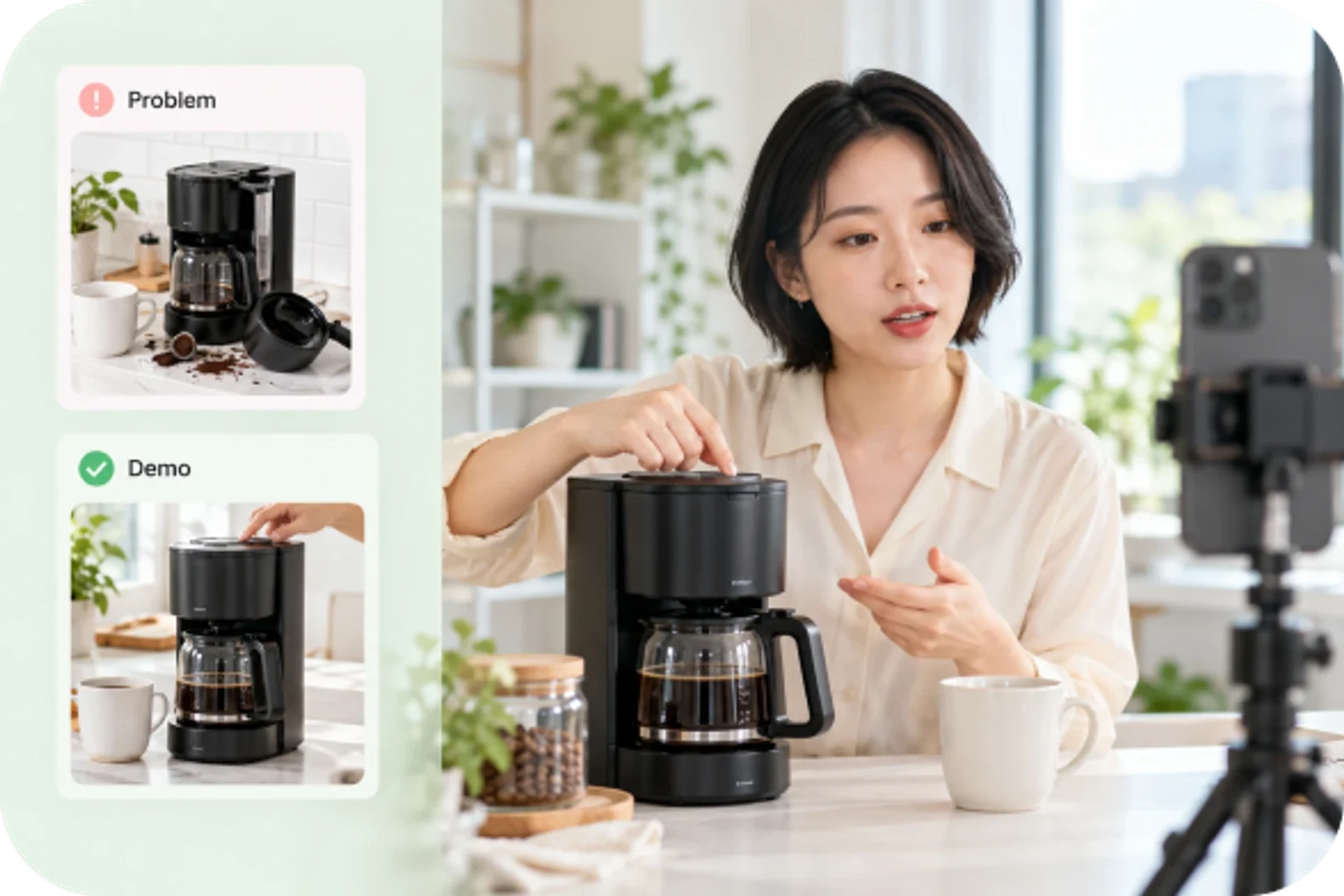 A creator films a coffee-machine demo with a phone