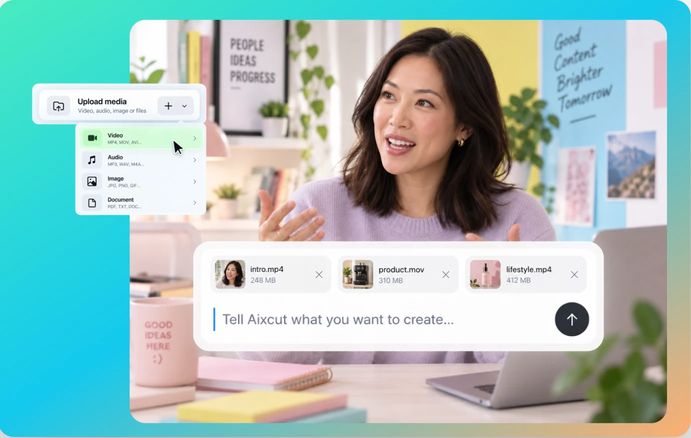 An AI video editing workspace showing footage, a chat instruction and a timeline preview