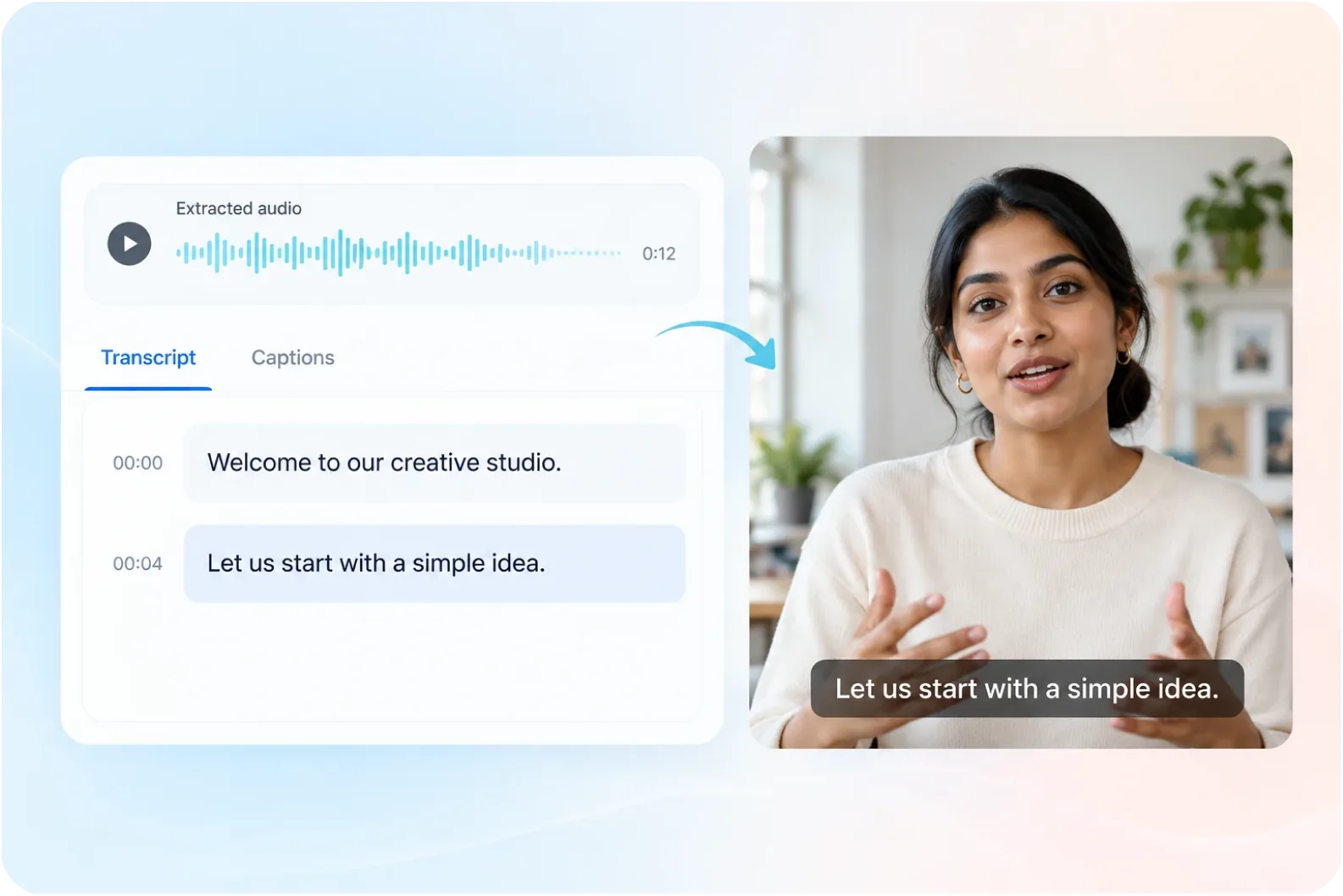 An interface turning extracted audio straight into a transcript and captions