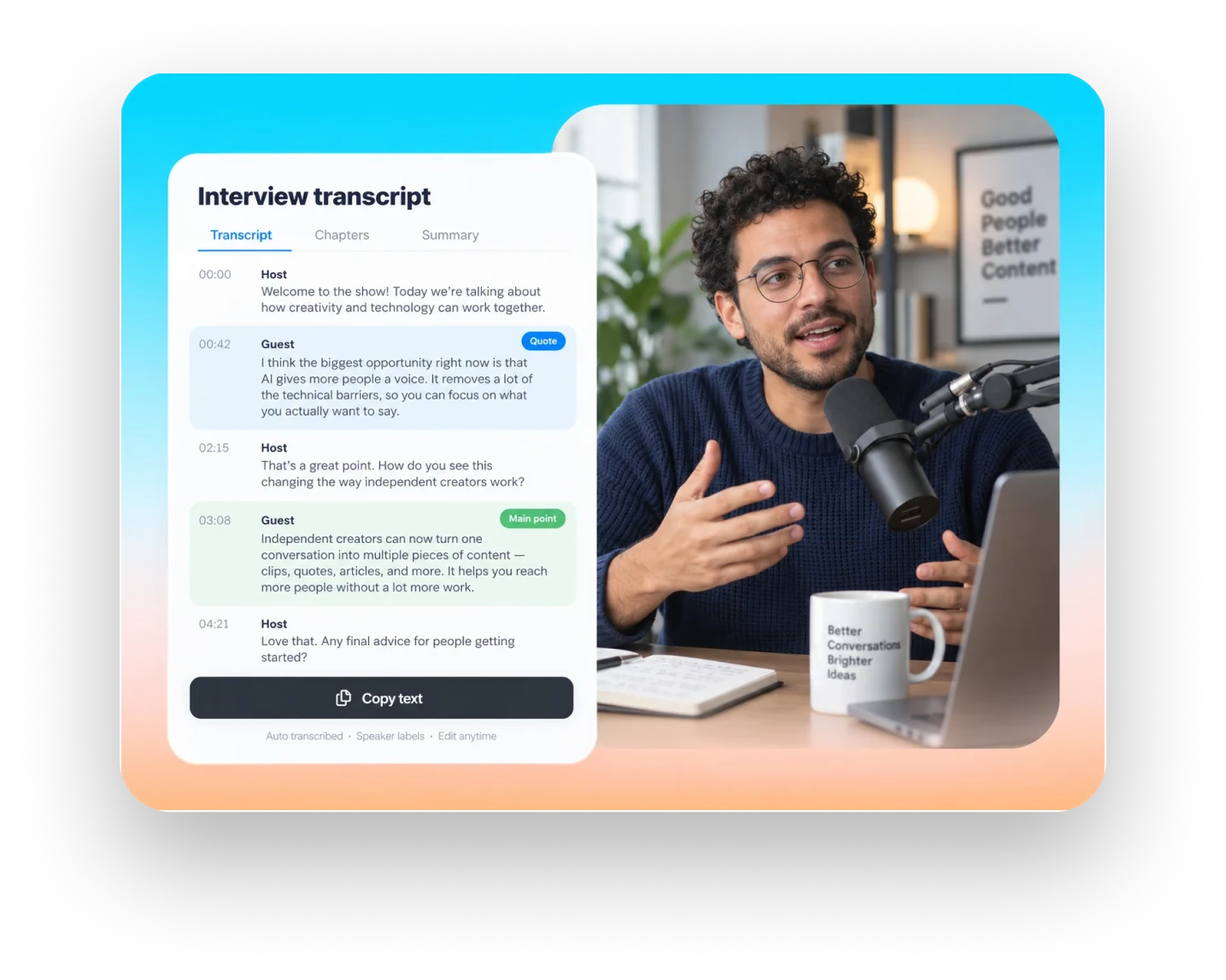 An interview recording shown beside its transcript, with speakers, highlights and copyable text