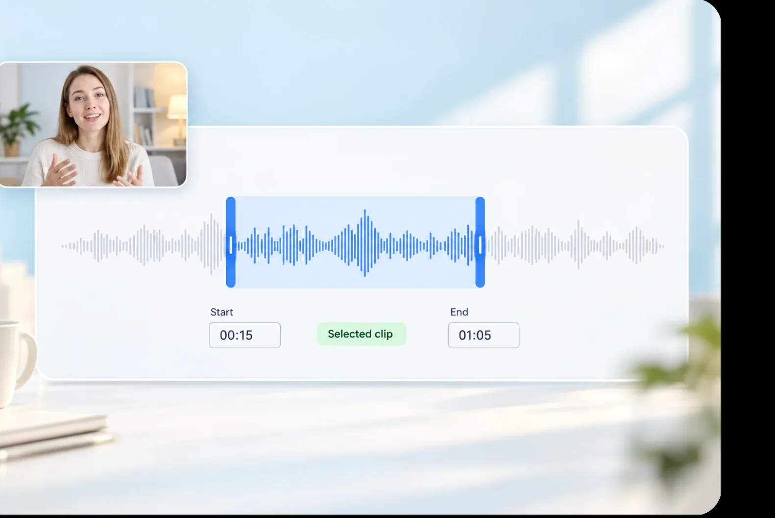 A start and end time selected on an audio waveform so only that clip is converted