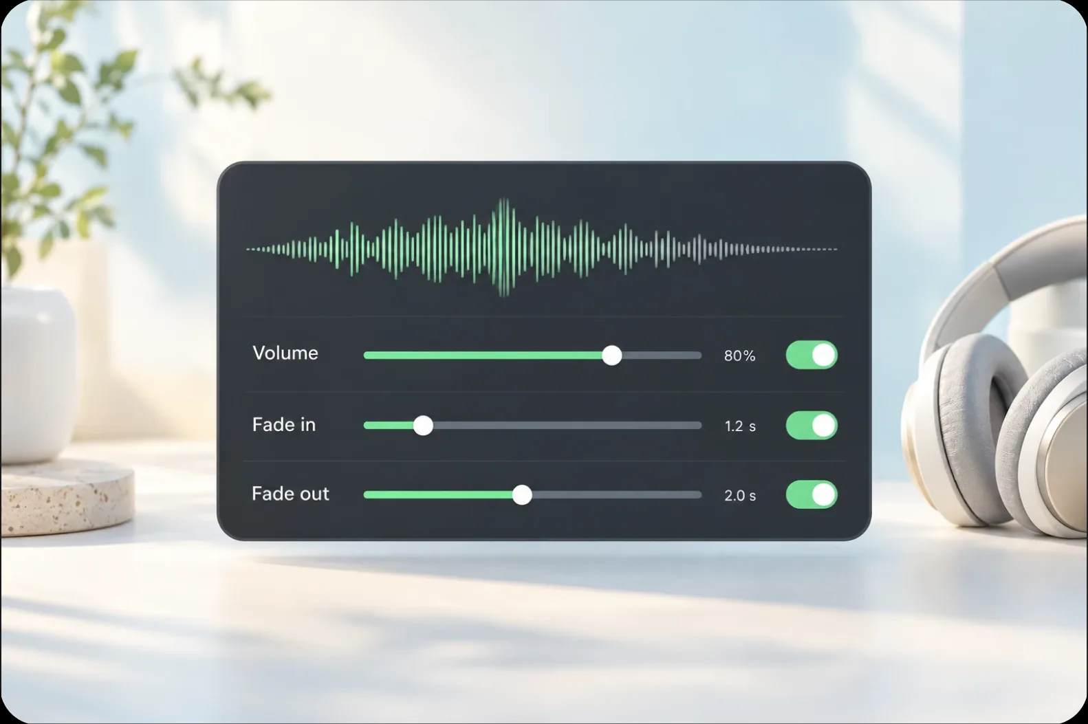 Volume, fade-in and fade-out controls with a waveform that smooths at both ends