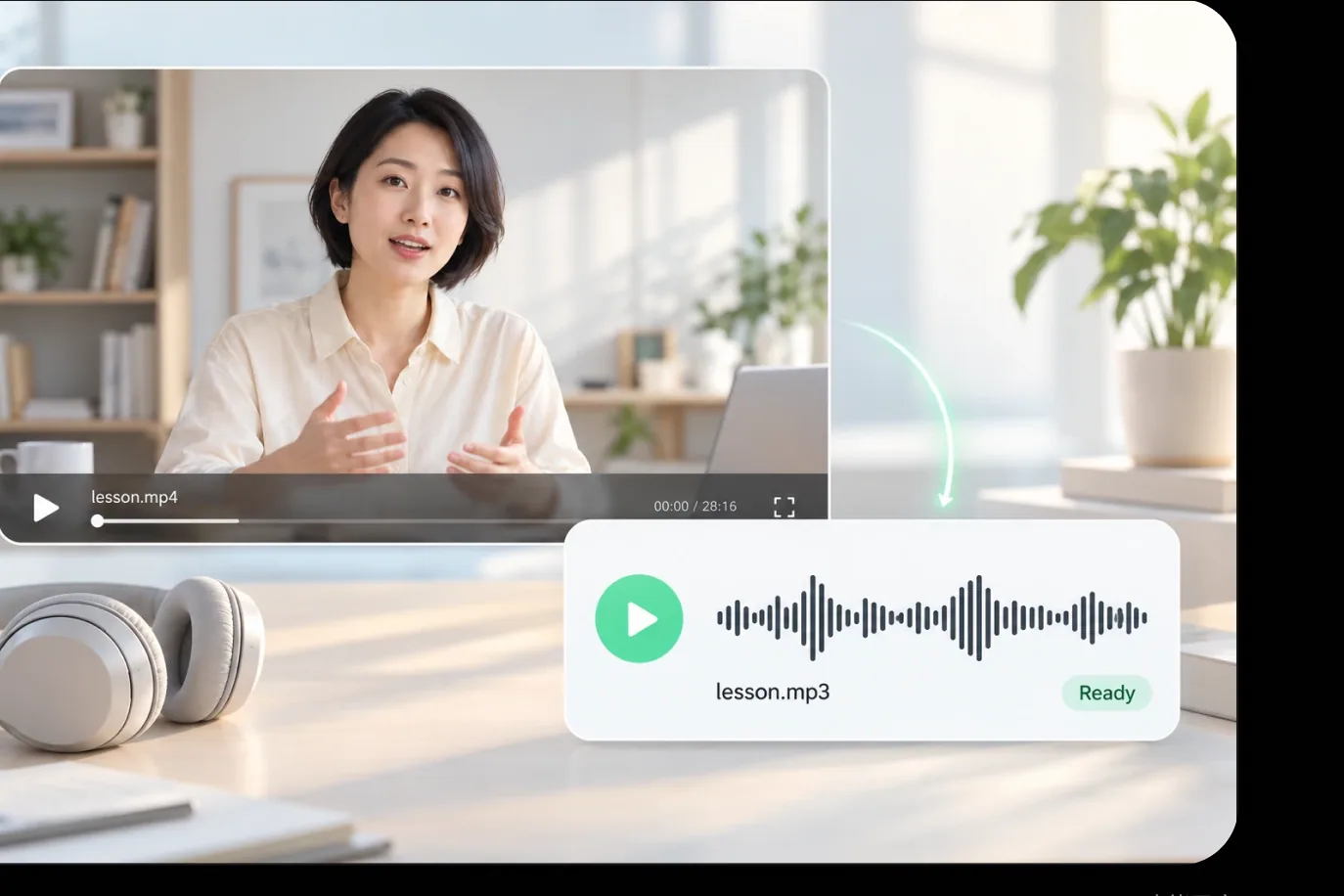 A course video next to a standalone MP3 card, showing audio extracted from the MP4
