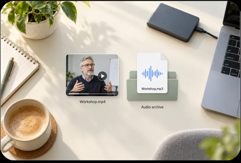 Video footage on a desk next to an organised MP3 audio archive