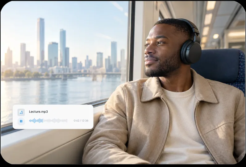 A commuter wearing headphones listening to course audio on a train