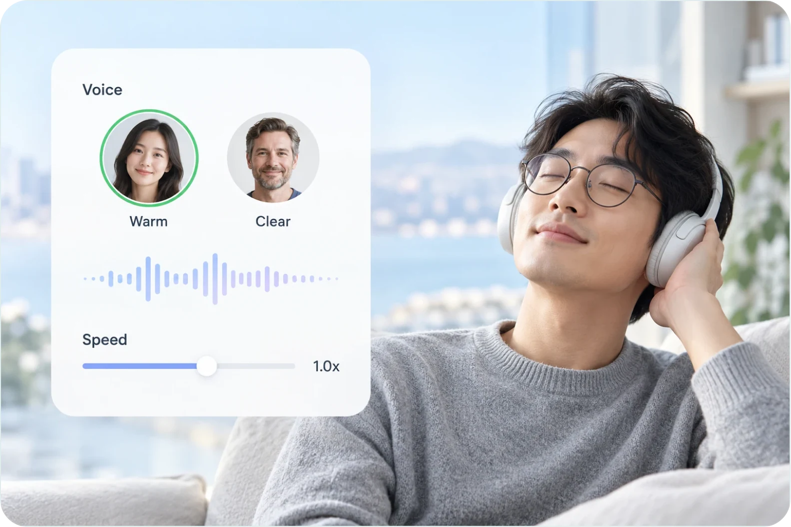 Voice options and a pace slider showing the voice controls