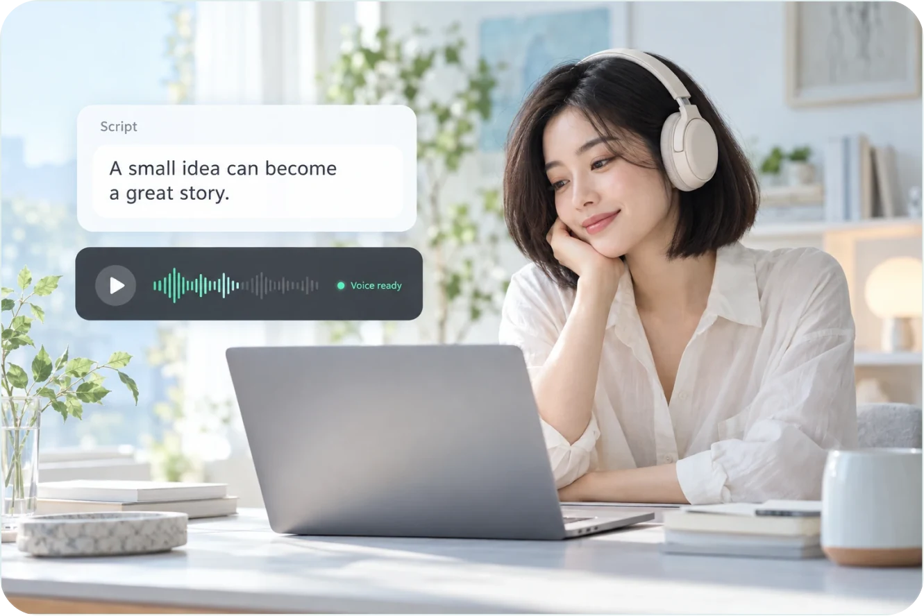 A creator wearing headphones, with a script on the left and a green waveform below showing text turned into narration
