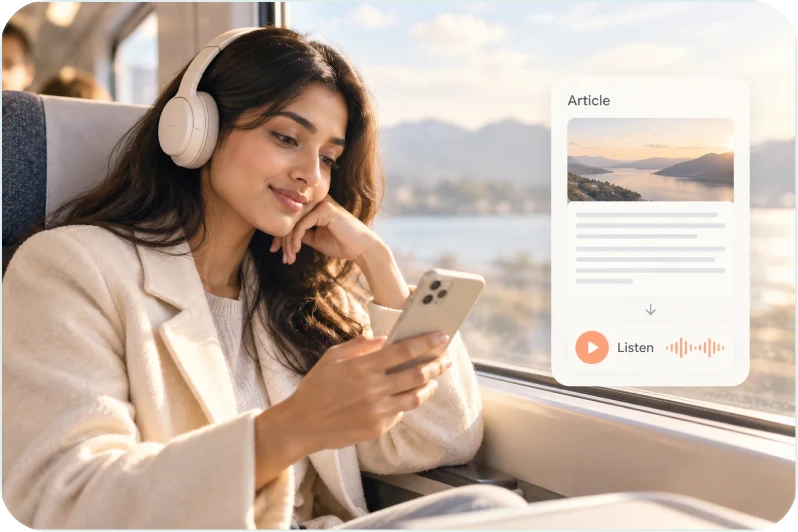 A commuter listening to an article through earphones, the written text turned into audio