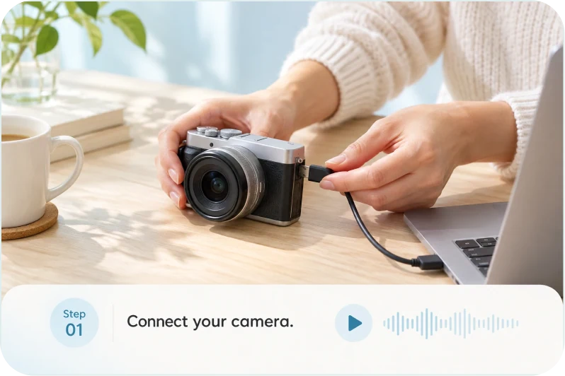 A desktop demo from a camera tutorial, the step captions matched to the spoken narration