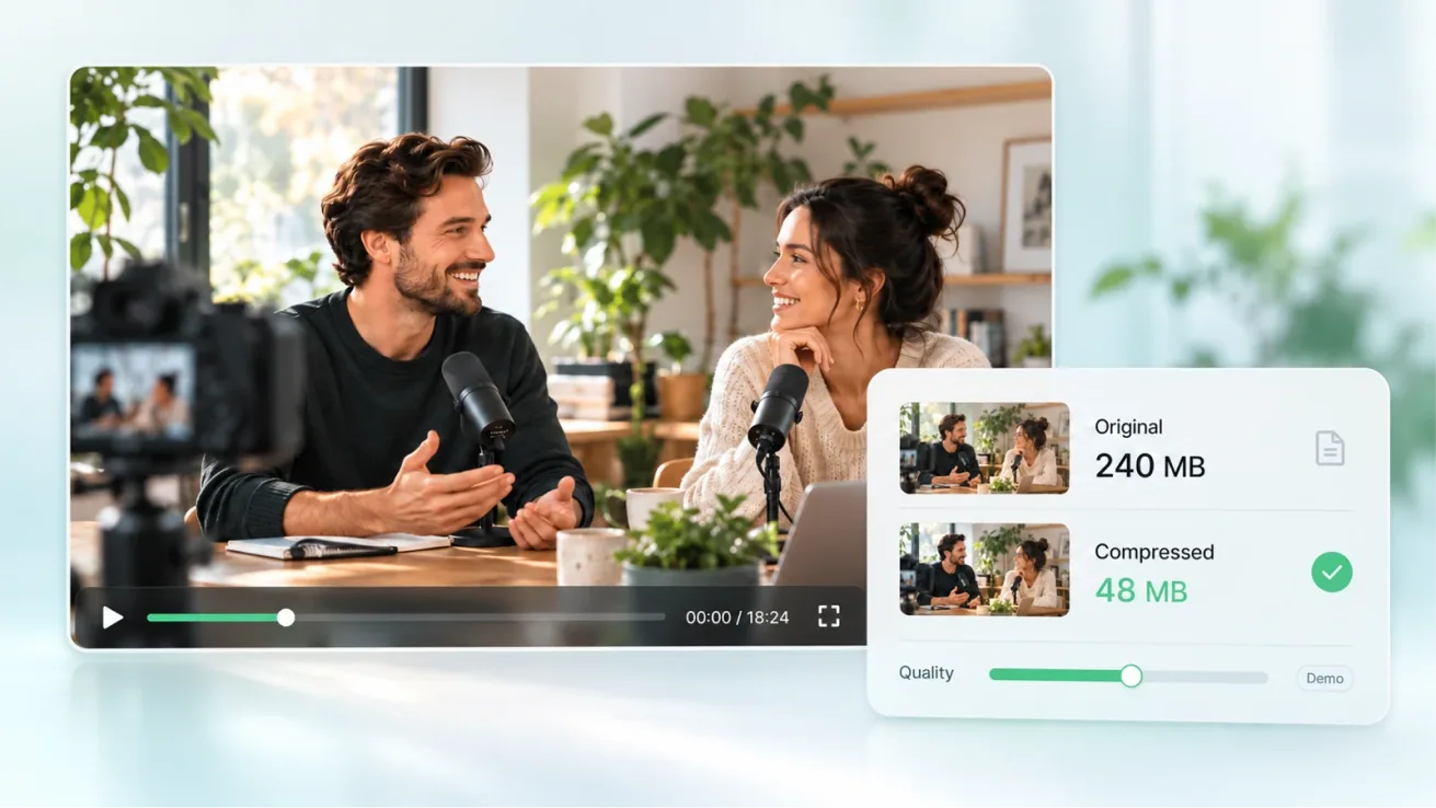 An interview video shown as an original and a compressed file, with demo values in the image