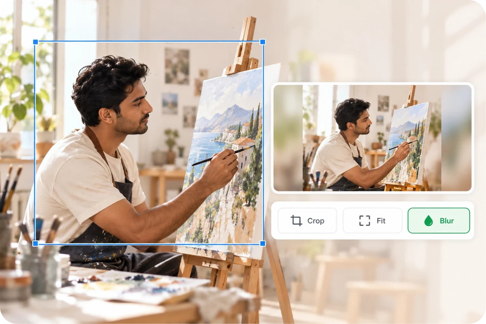 An interface showing cropping, bars and a blurred background as three ways to fit