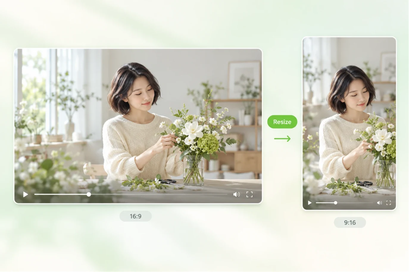The same flower-arranging video shown as a 16:9 horizontal and a 9:16 vertical frame