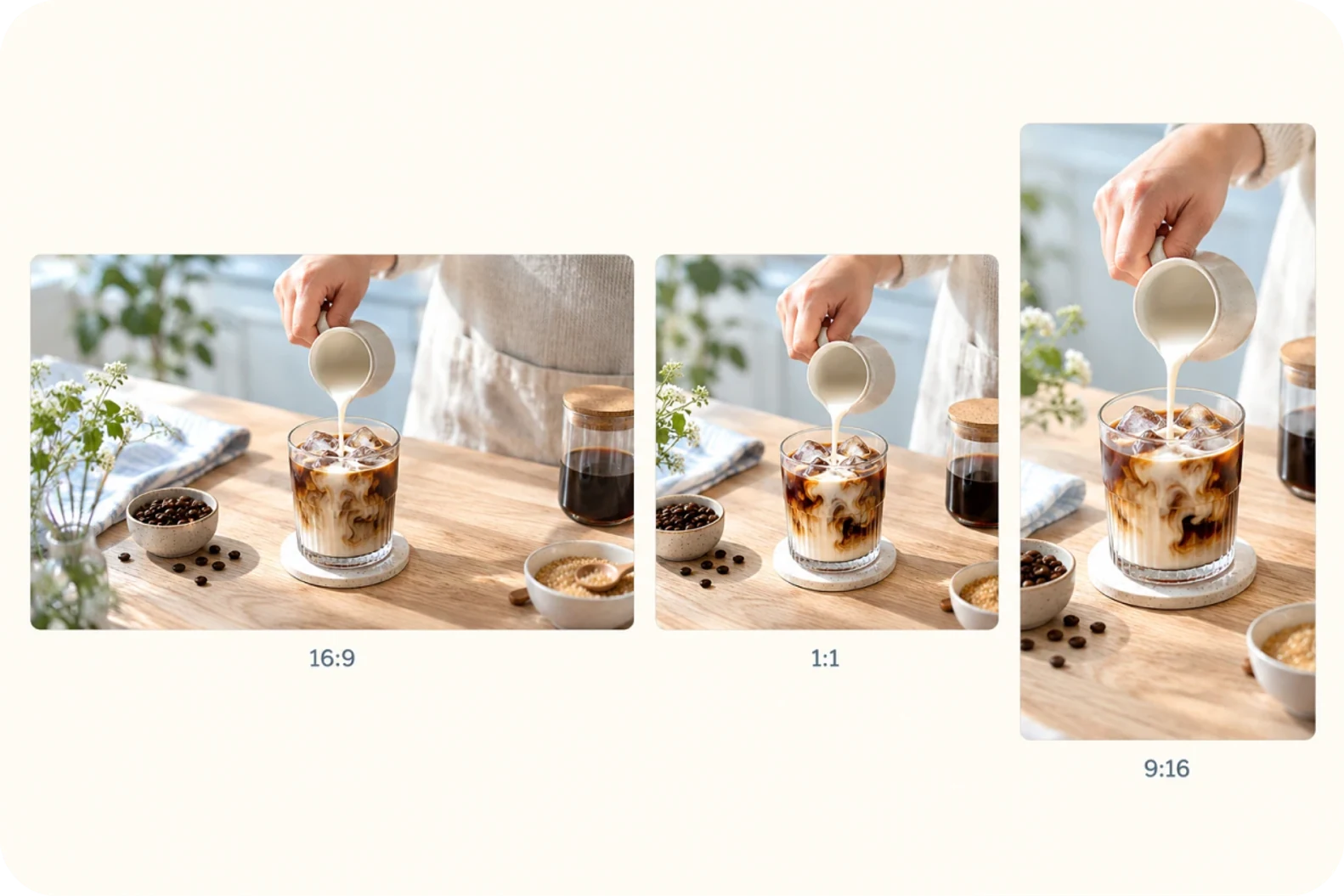 The same video adjusted into landscape, portrait and square versions